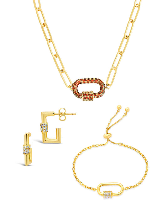 Pave CZ Carabiner Linked Lock Necklace Bundle