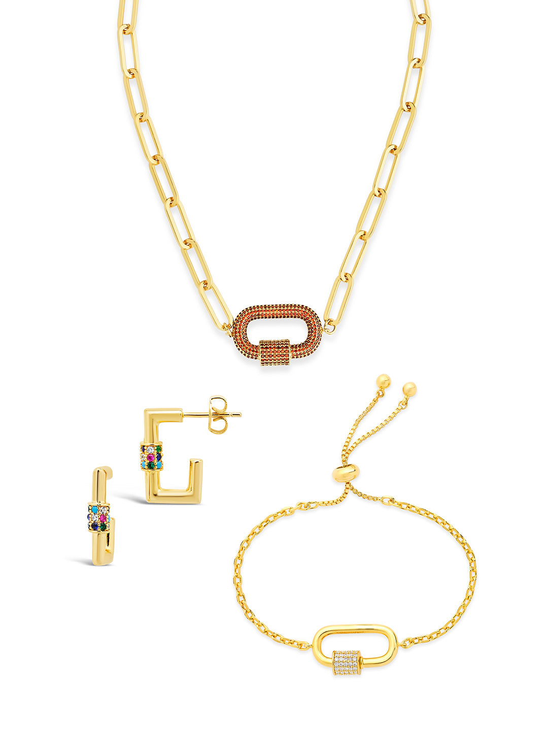 Pave CZ Carabiner Linked Lock Necklace Bundle