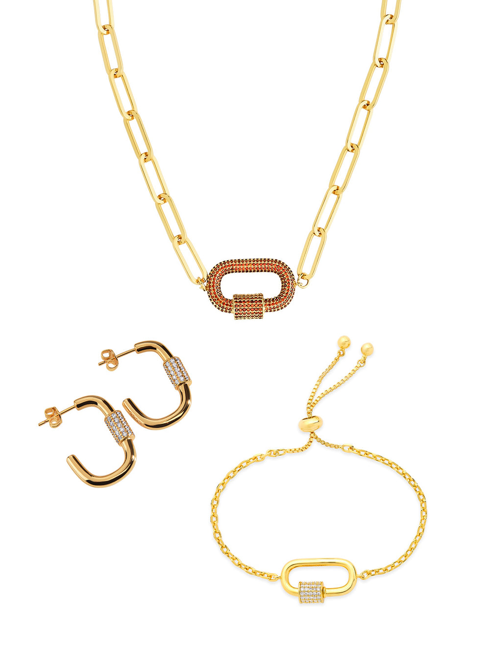 Pave CZ Carabiner Linked Lock Necklace Bundle
