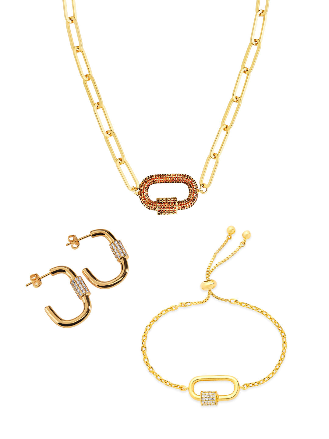 Pave CZ Carabiner Linked Lock Necklace Bundle