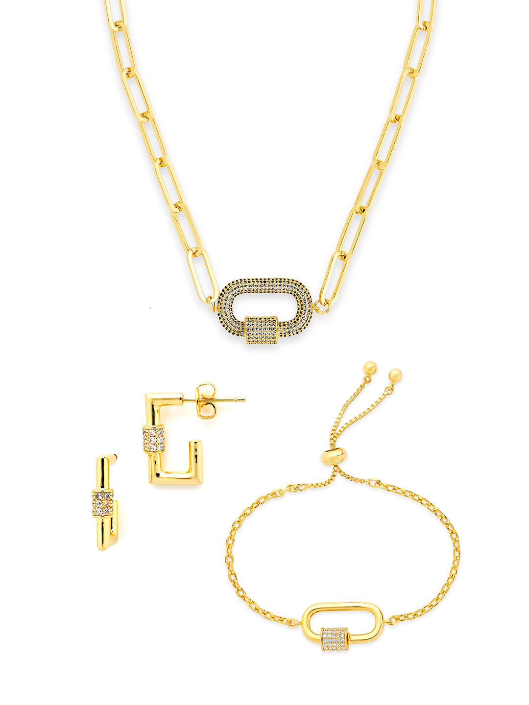 Pave CZ Carabiner Linked Lock Necklace Bundle