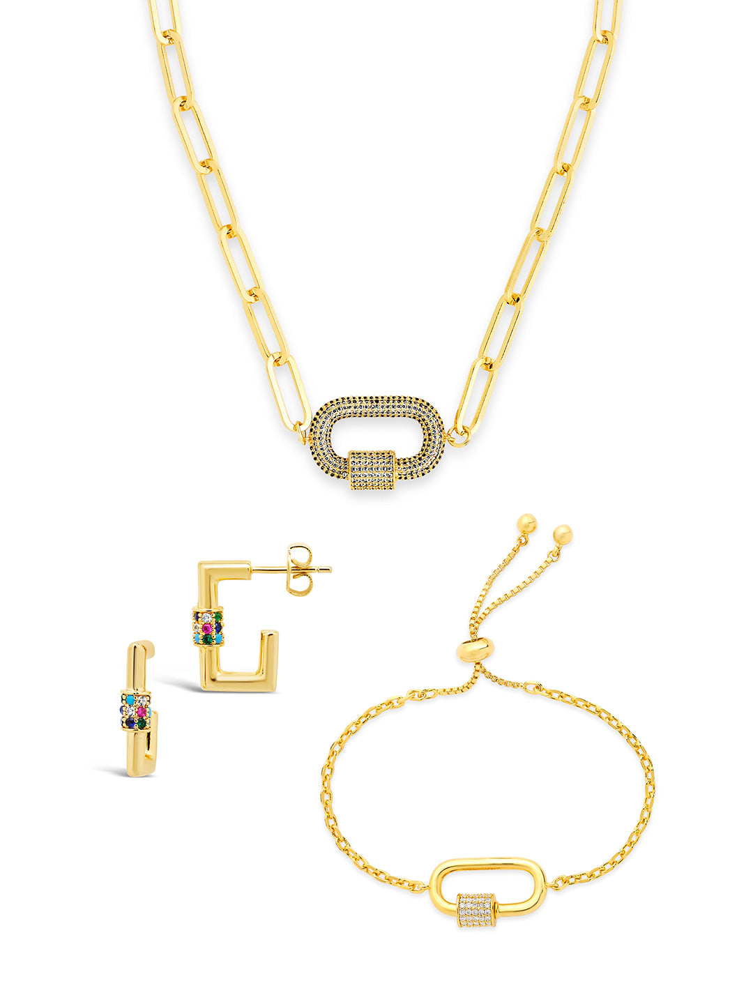 Pave CZ Carabiner Linked Lock Necklace Bundle