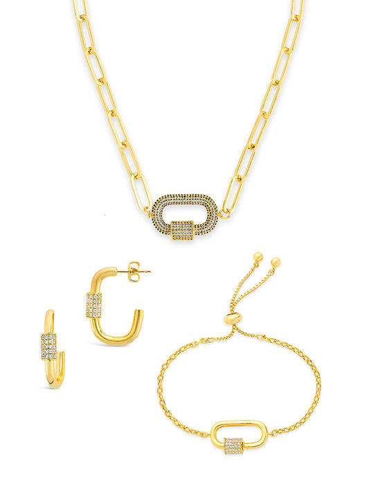 Pave CZ Carabiner Linked Lock Necklace Bundle
