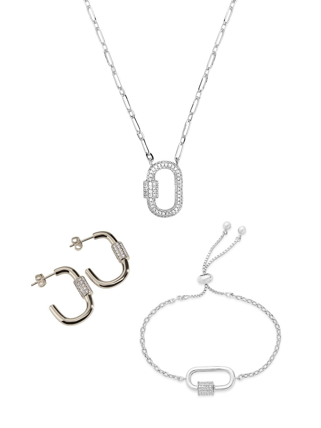 Pave CZ Carabiner Lock Necklace Bundle - Sterling Forever
