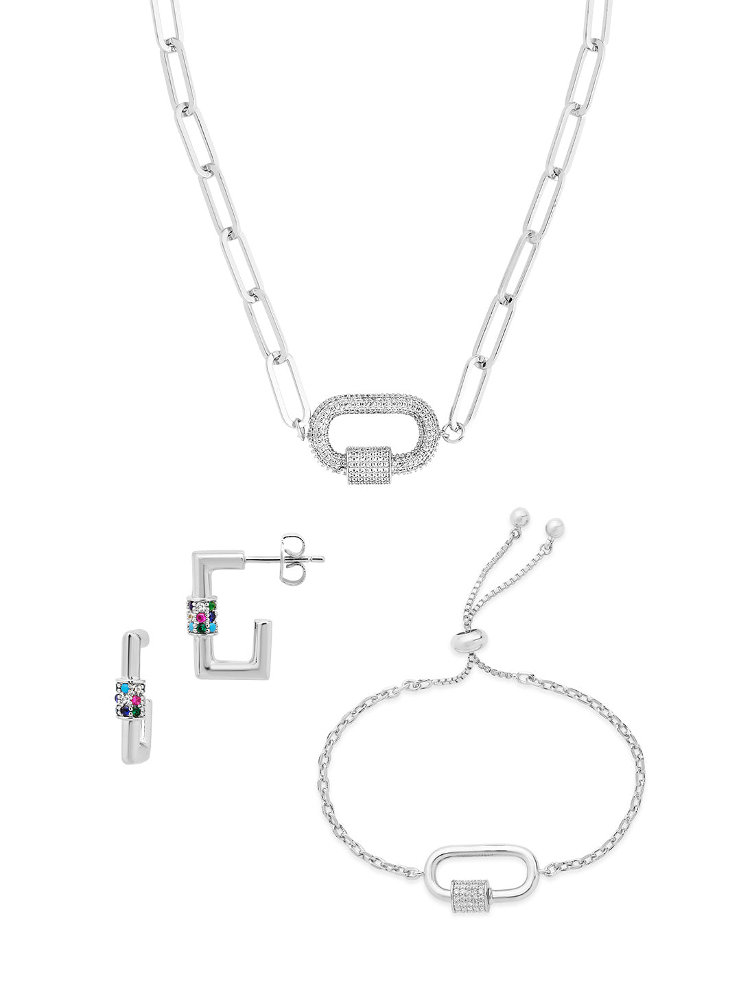 Pave CZ Carabiner Linked Lock Necklace Bundle