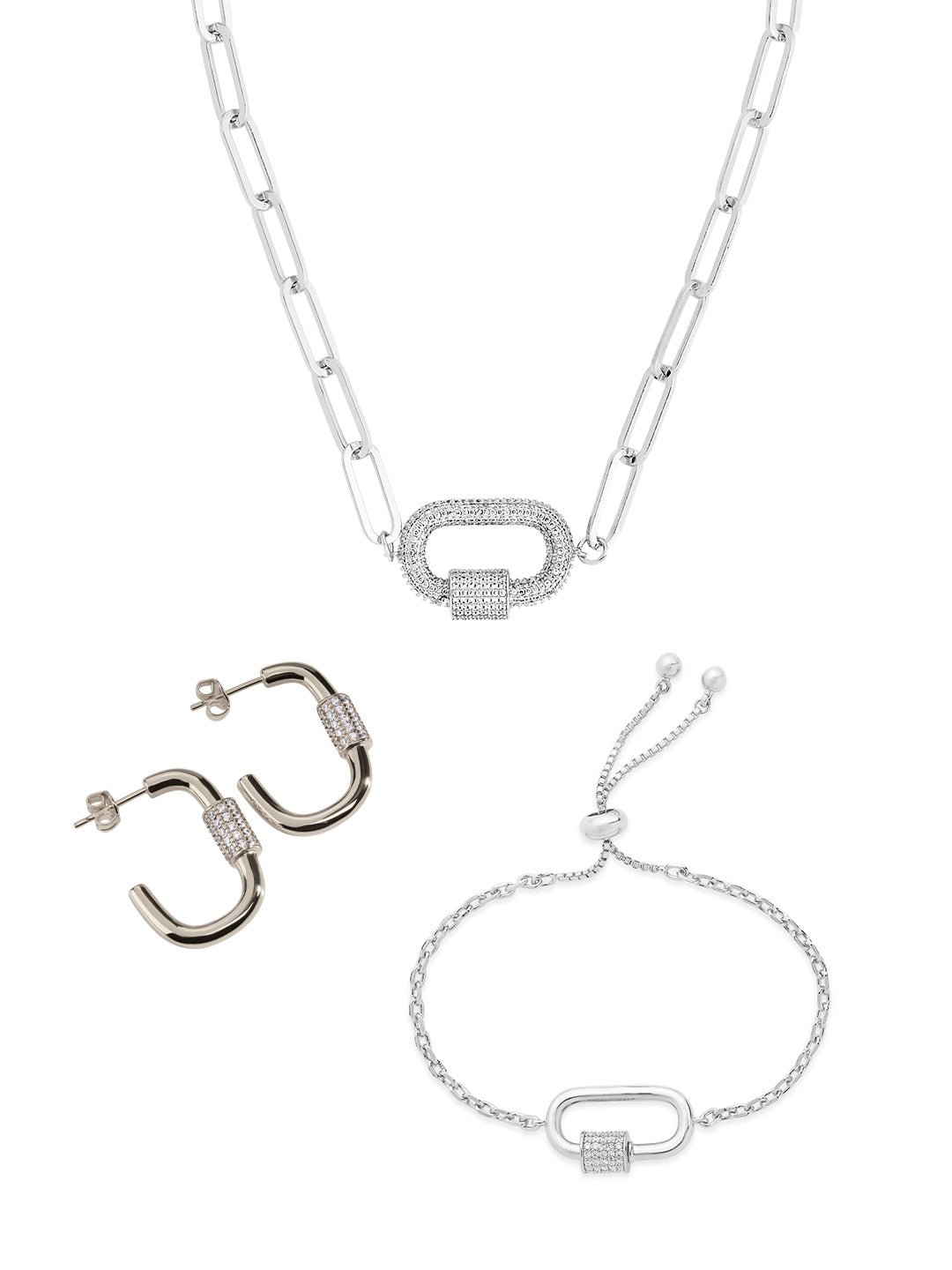 Pave CZ Carabiner Linked Lock Necklace Bundle