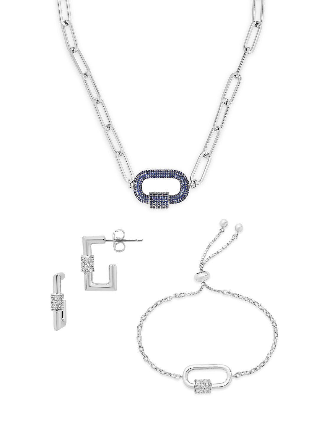 Pave CZ Carabiner Linked Lock Necklace Bundle