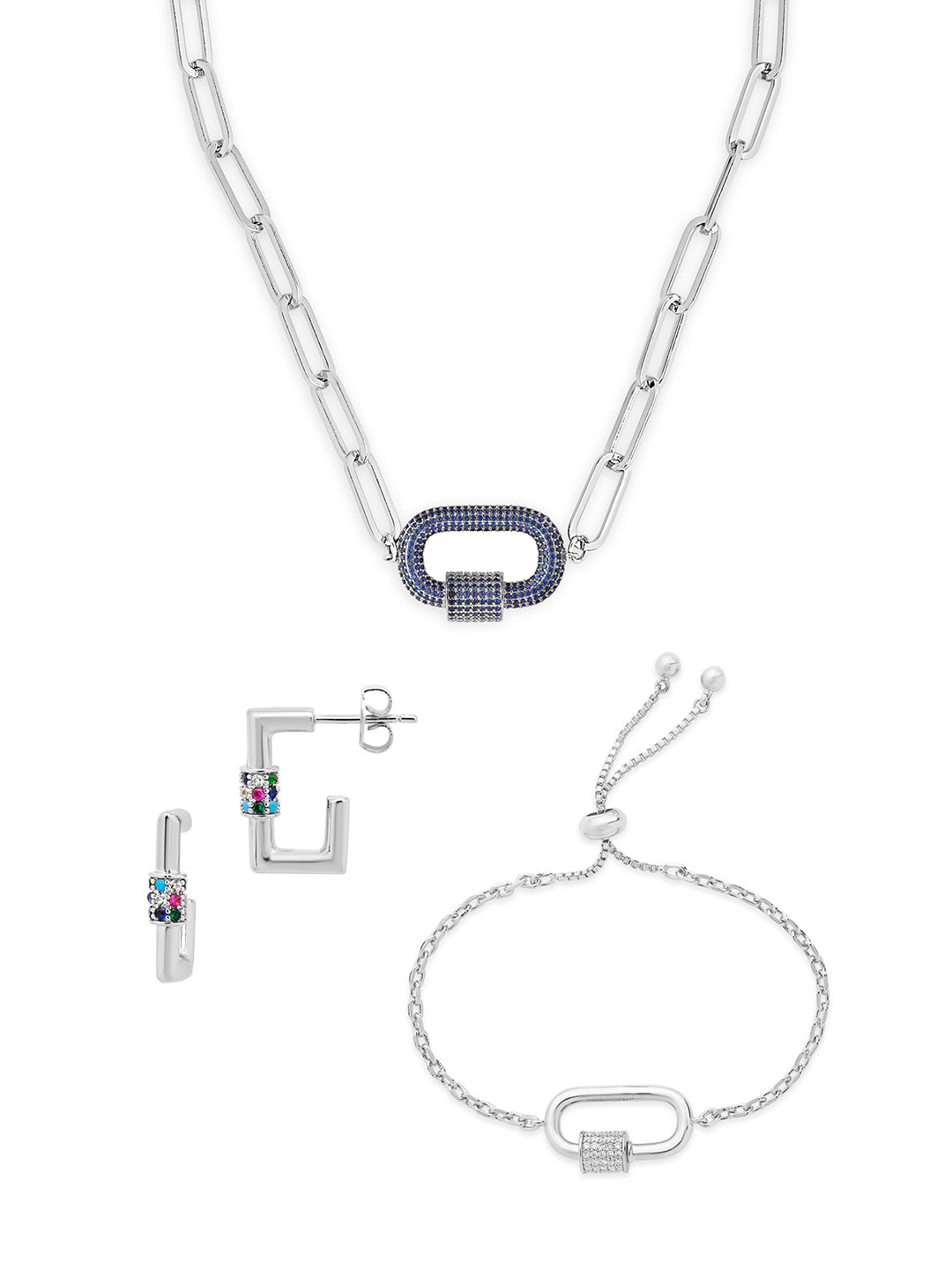 Pave CZ Carabiner Linked Lock Necklace Bundle