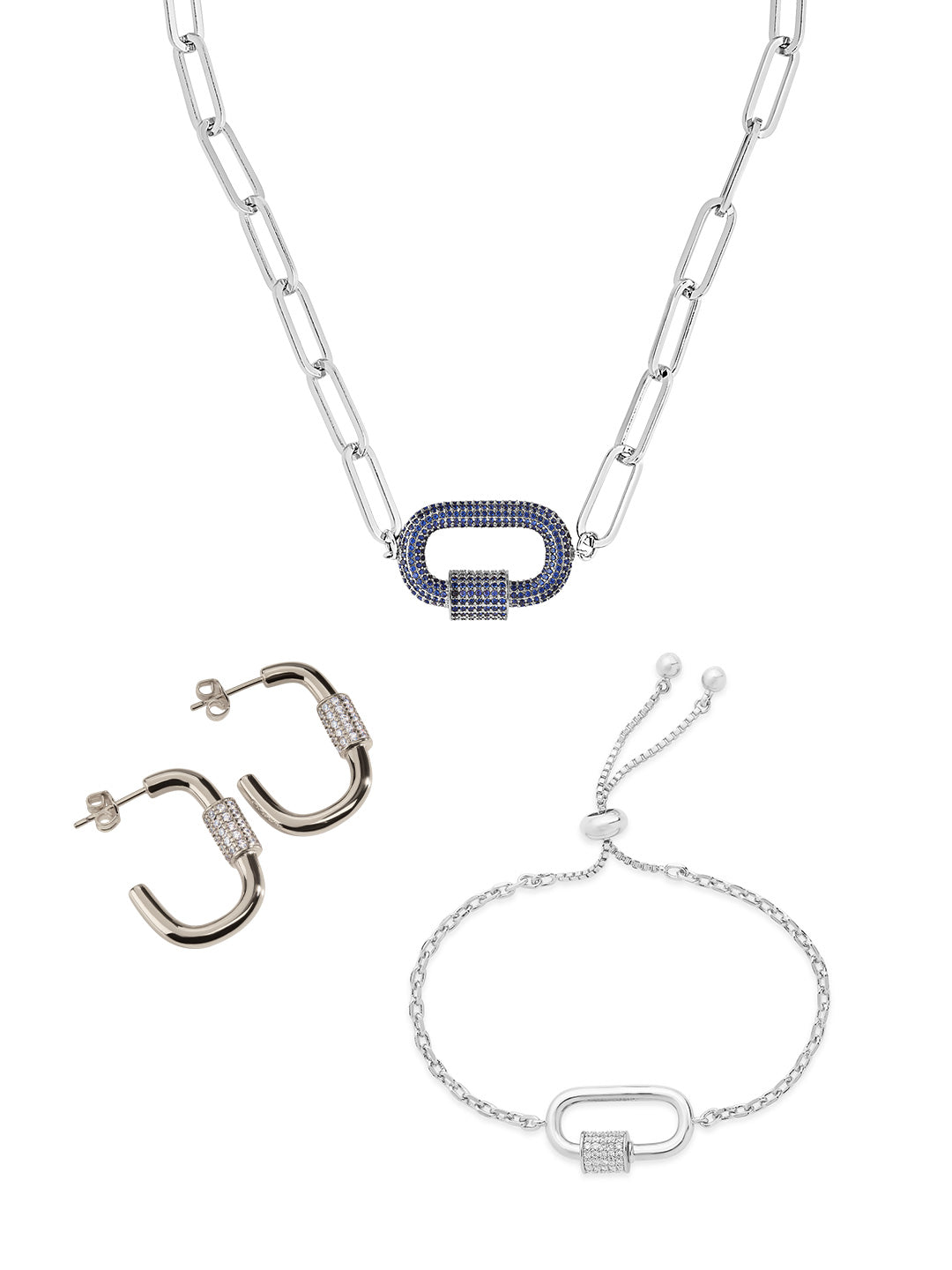 Pave CZ Carabiner Linked Lock Necklace Bundle