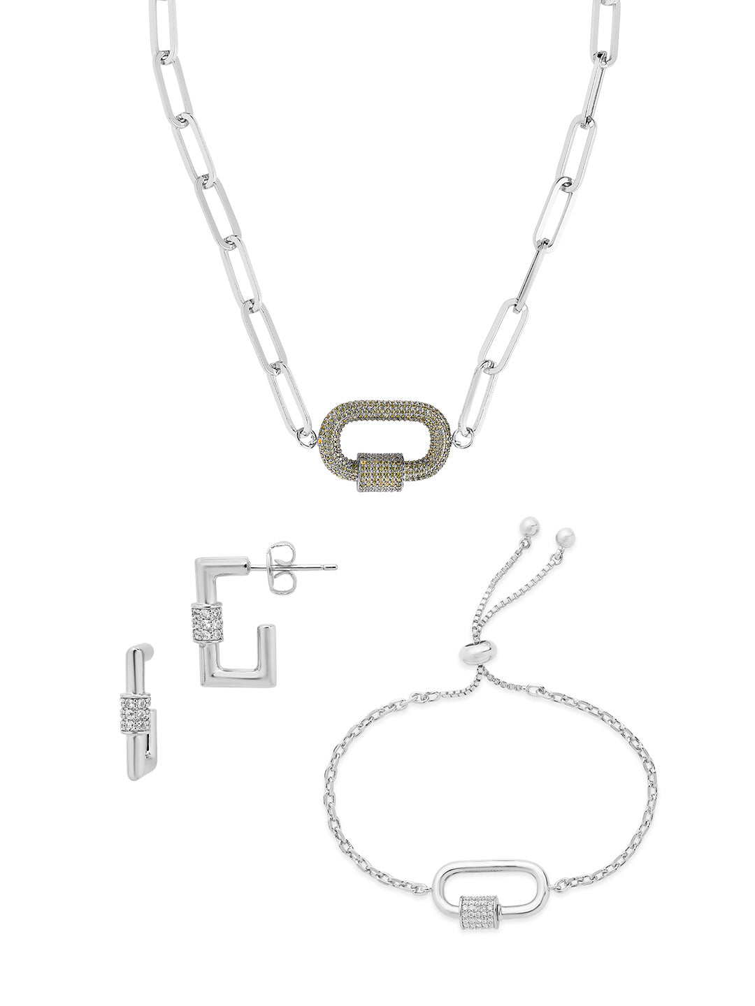 Pave CZ Carabiner Linked Lock Necklace Bundle