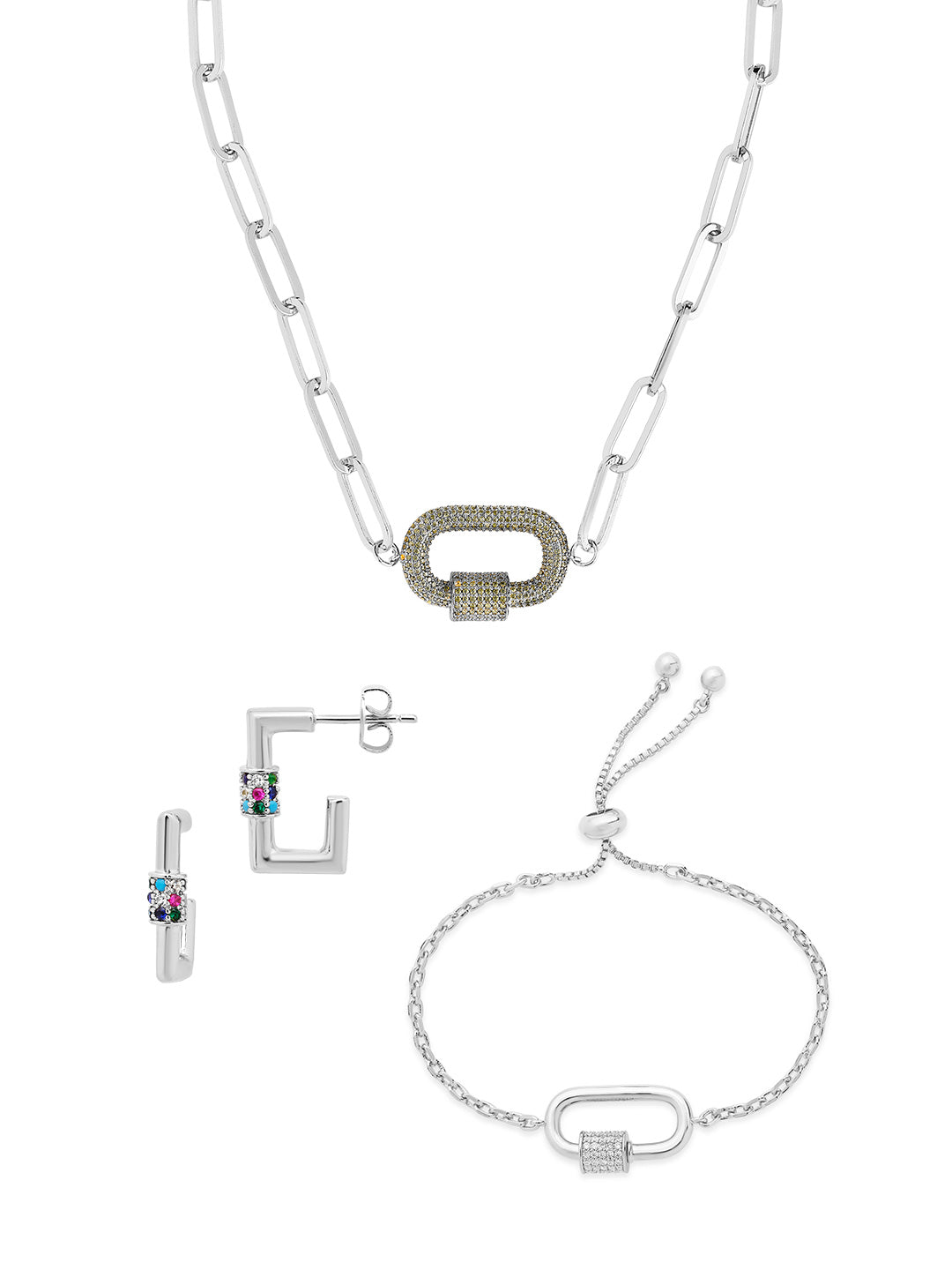 Pave CZ Carabiner Linked Lock Necklace Bundle