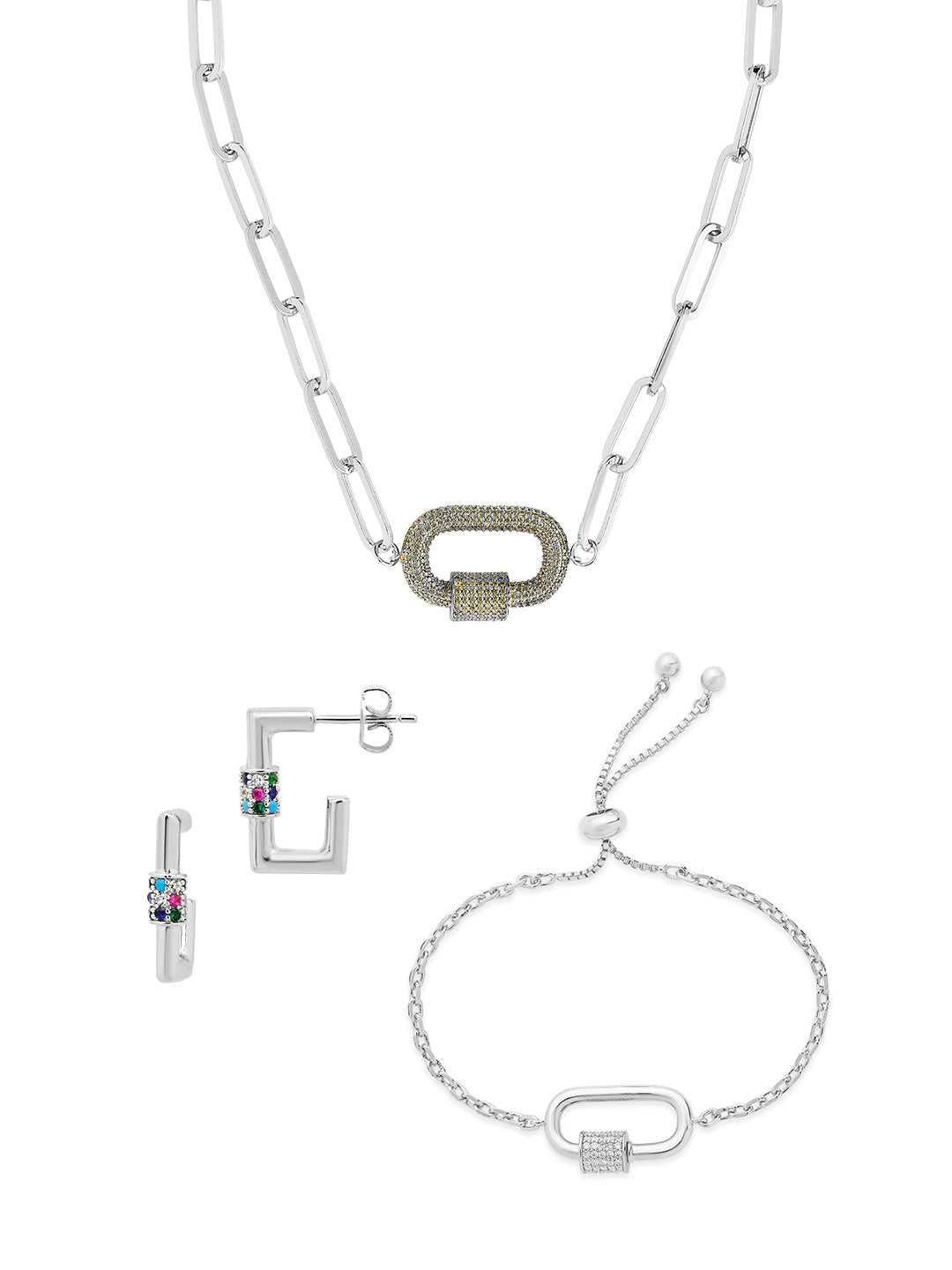 Pave CZ Carabiner Linked Lock Necklace Bundle - Sterling Forever