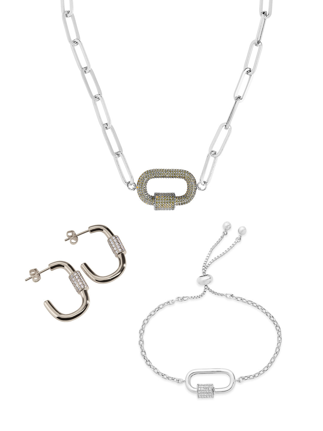 Pave CZ Carabiner Linked Lock Necklace Bundle
