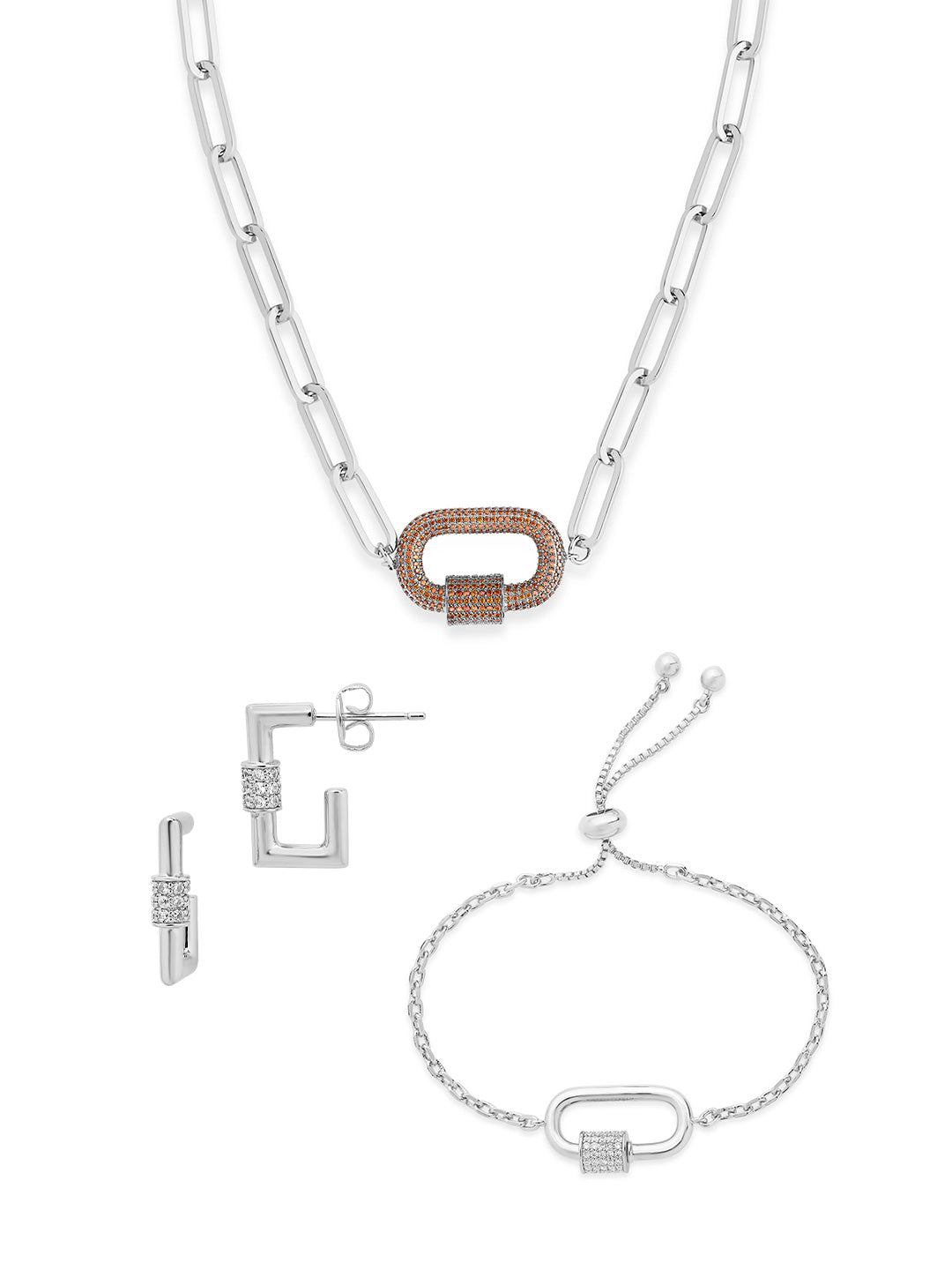 Pave CZ Carabiner Linked Lock Necklace Bundle