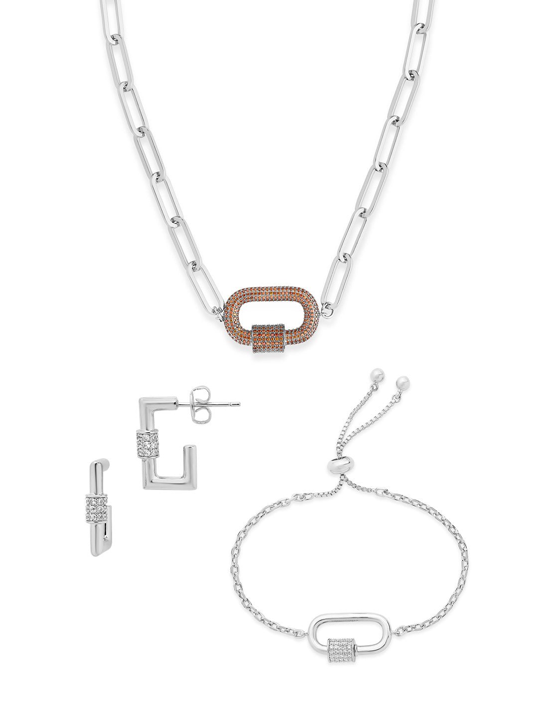 Pave CZ Carabiner Linked Lock Necklace Bundle - Sterling Forever
