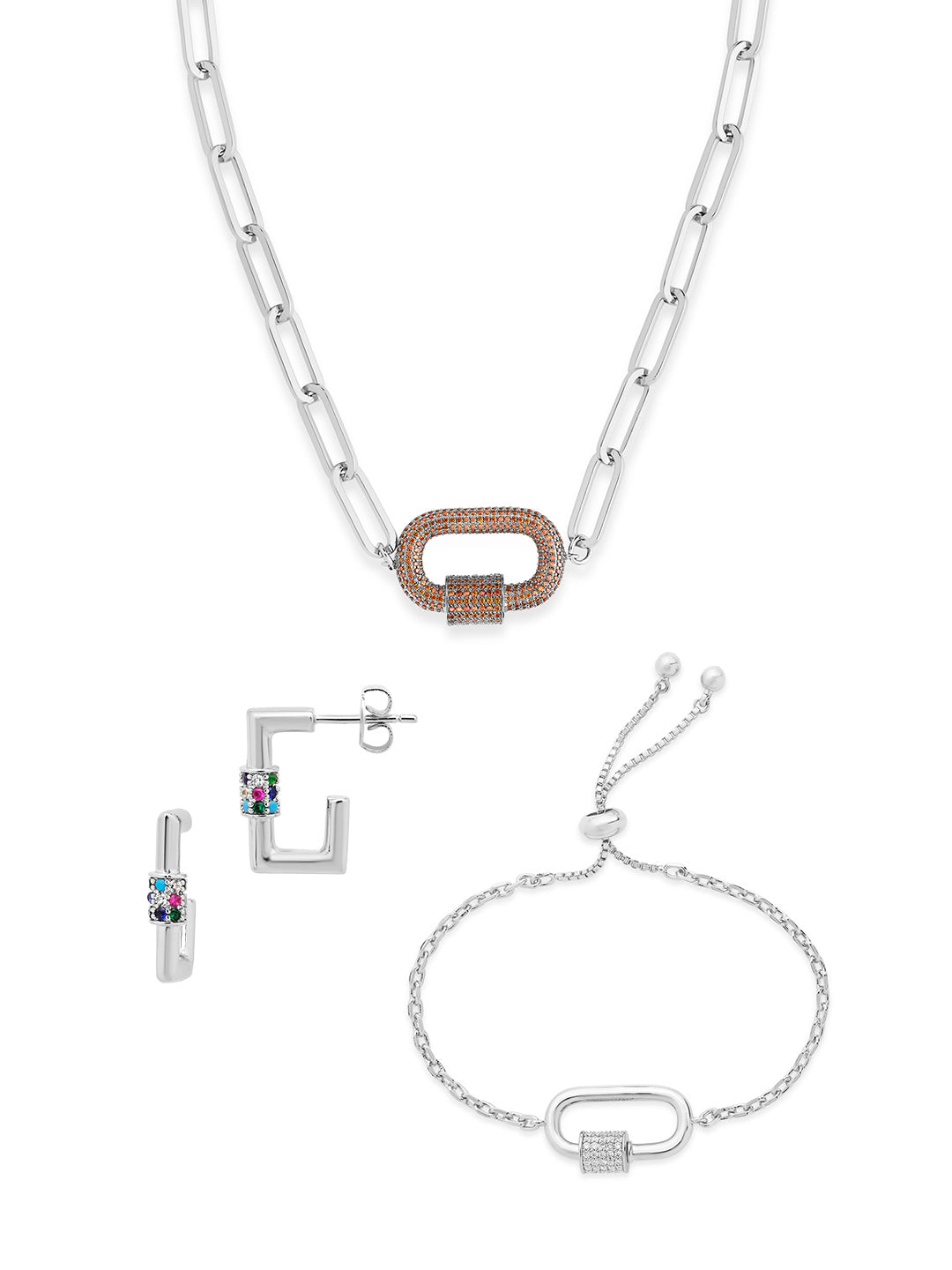 Pave CZ Carabiner Linked Lock Necklace Bundle