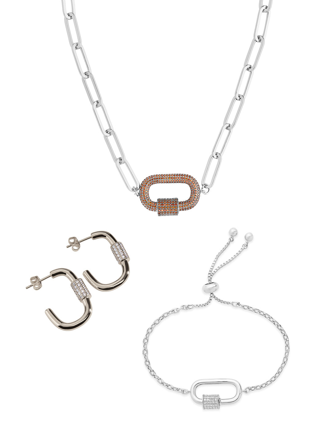 Pave CZ Carabiner Linked Lock Necklace Bundle