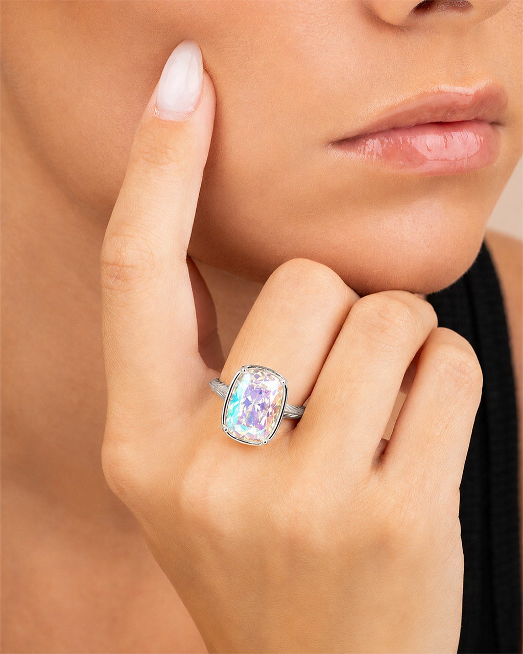 Sterling Silver Elongated Cushion Iridescent CZ Cocktail Ring