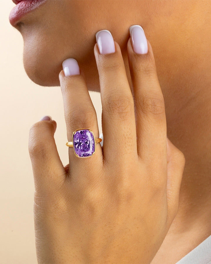 Sterling Silver Elongated Cushion Amethyst CZ Cocktail Ring