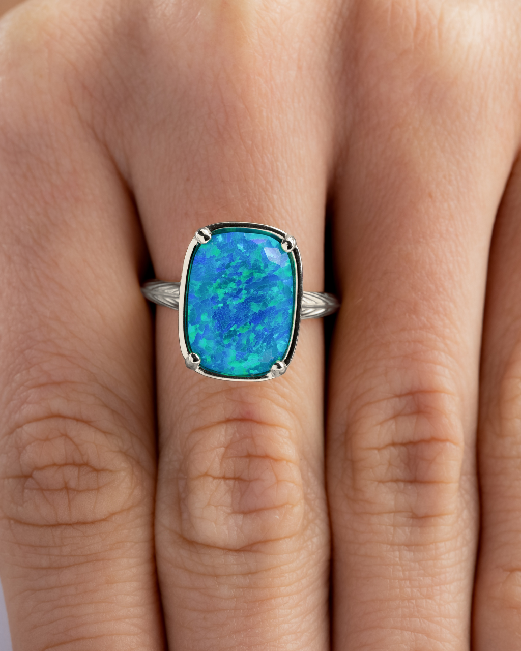 Sterling Silver Caribbean Blue Opal Elongated Cushion Ring