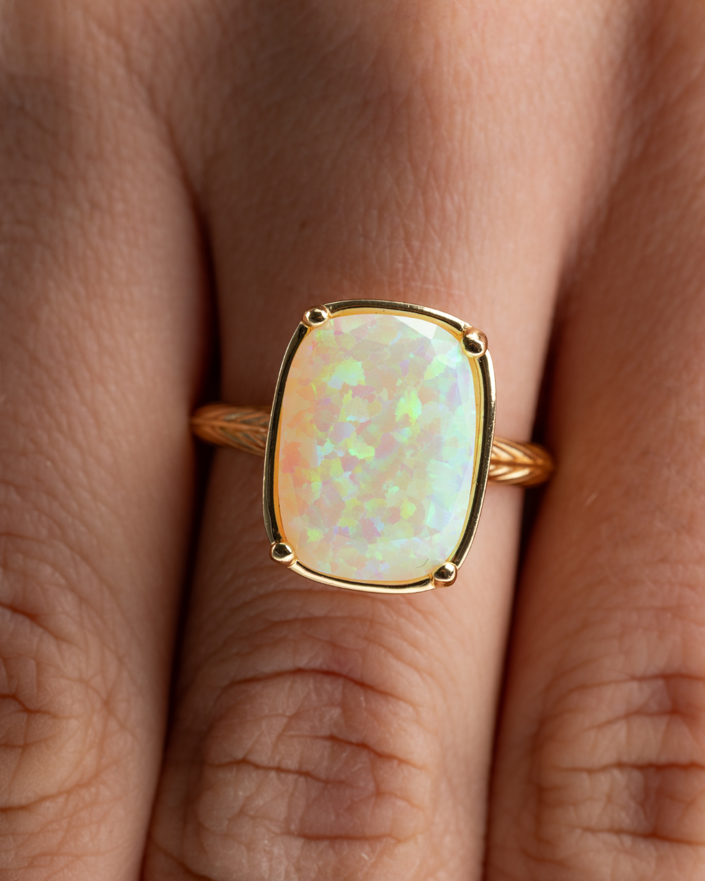 Sterling Silver Champagne Fire Opal Elongated Cushion Ring