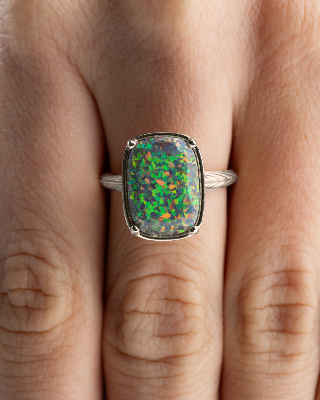 Sterling Silver Greenish Brown Opal Elongated Cushion Ring