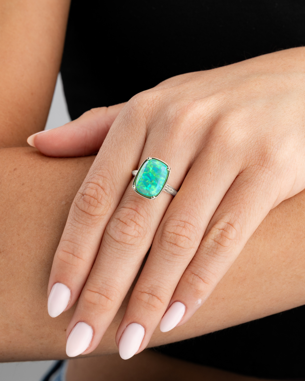 Sterling Silver Green Opal Elongated Cushion Ring