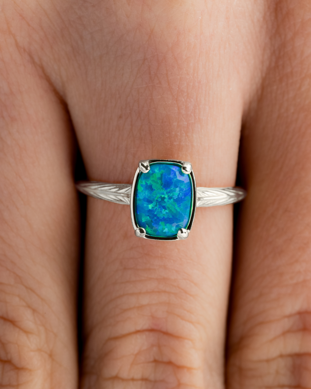 Sterling Silver Mini Caribbean Blue Opal Elongated Cushion Ring