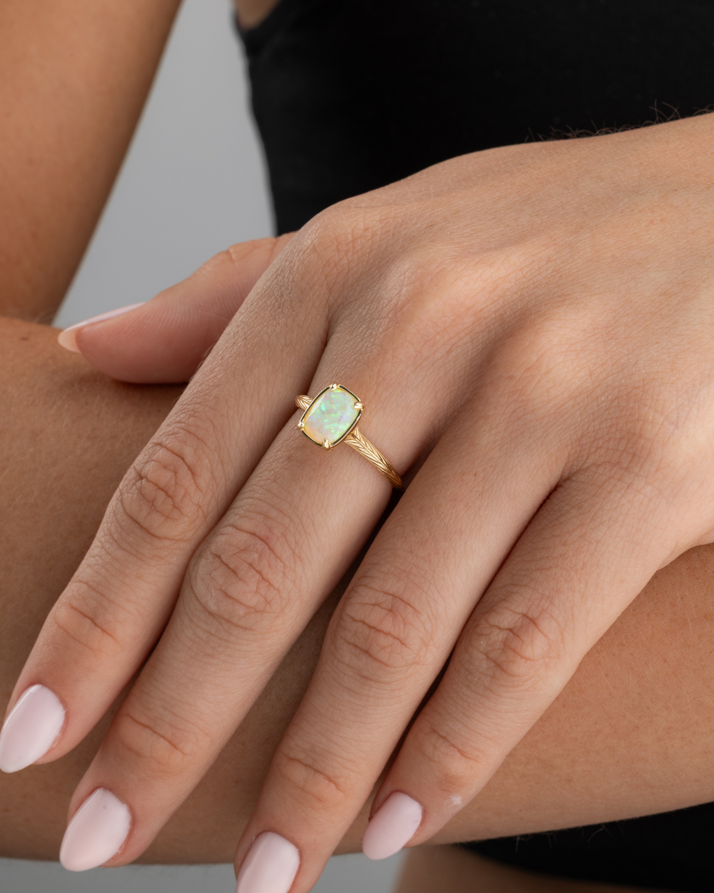 Sterling Silver Mini Champagne Fire Opal Elongated Cushion Ring