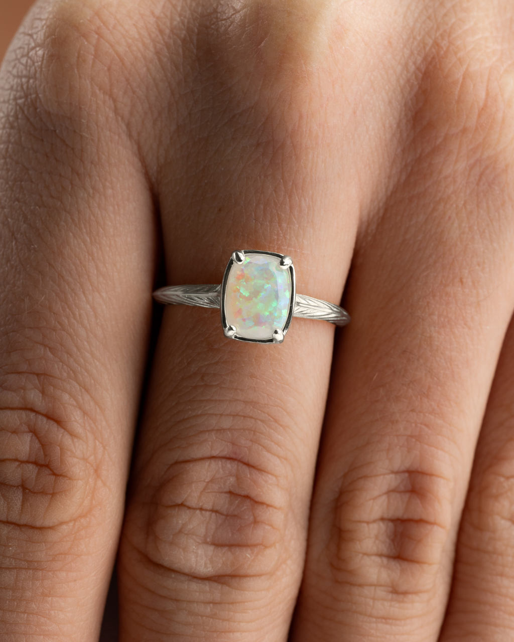 Sterling Silver Mini Champagne Fire Opal Elongated Cushion Ring