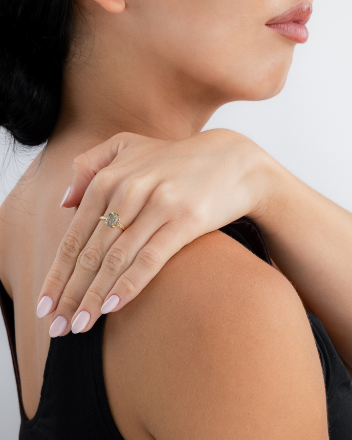 Sterling Silver Mini Greenish Brown Opal Elongated Cushion Ring