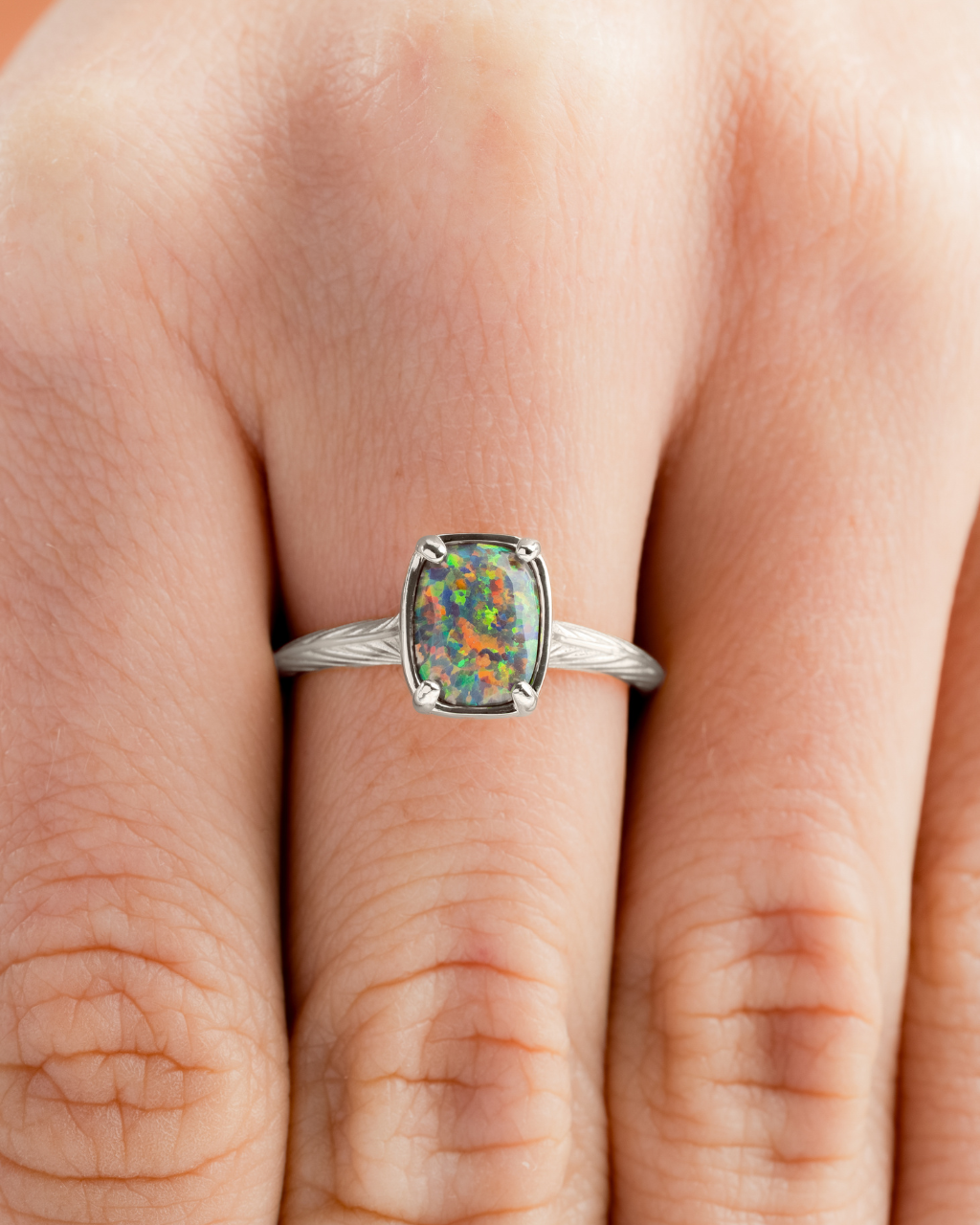 Sterling Silver Mini Greenish Brown Opal Elongated Cushion Ring