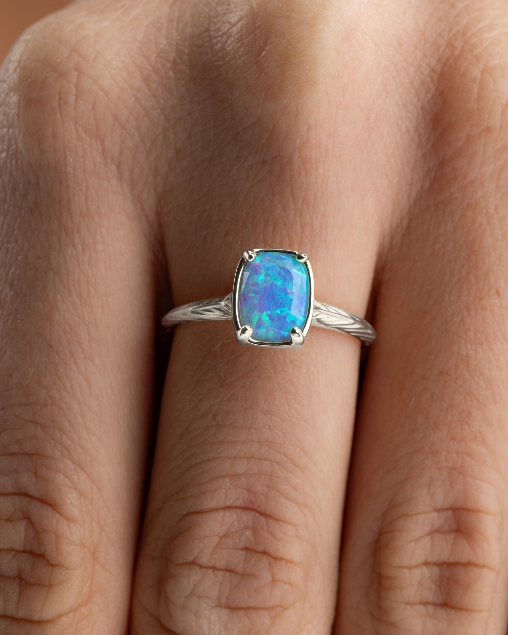 Sterling Silver Mini Ocean Blue Opal Elongated Cushion Ring