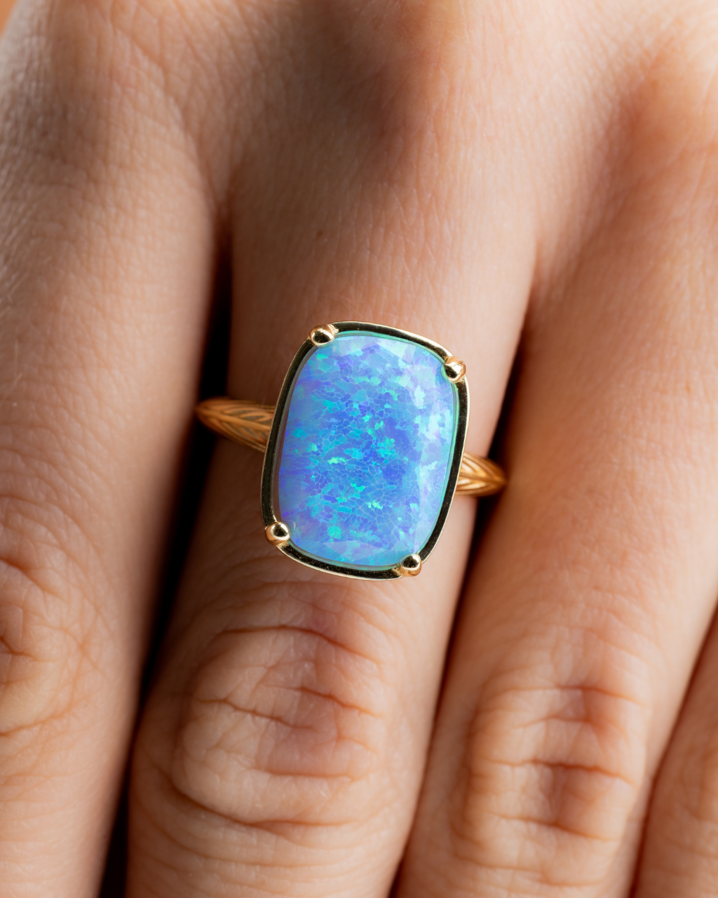 Sterling Silver Ocean Blue Opal Elongated Cushion Ring