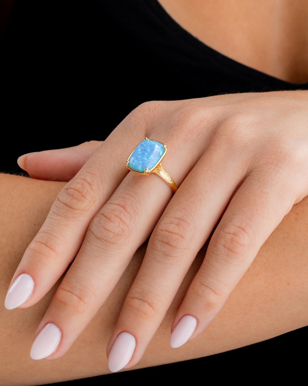 Sterling Silver Ocean Blue Opal Elongated Cushion Ring