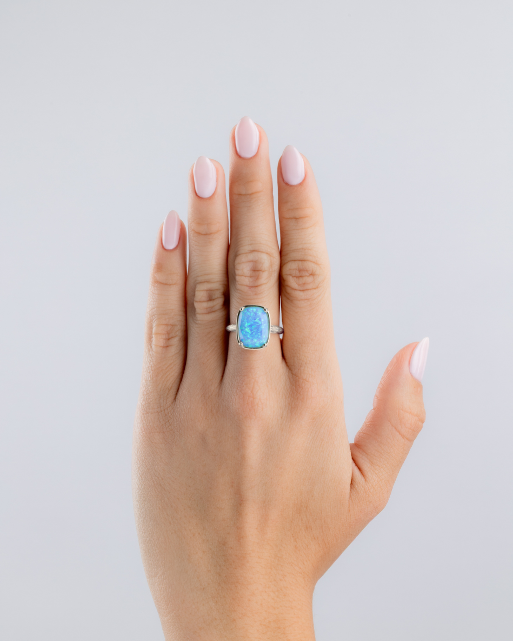 Sterling Silver Ocean Blue Opal Elongated Cushion Ring