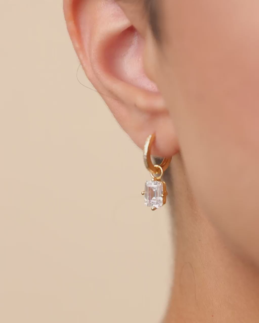 Sterling Silver Emerald Cut CZ Micro Hoop Dangle Earrings