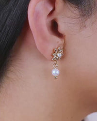 Esti CZ Flower & Pearl Drop Stud Earrings