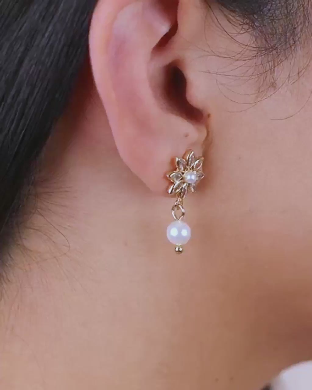 Esti CZ Flower & Pearl Drop Stud Earrings