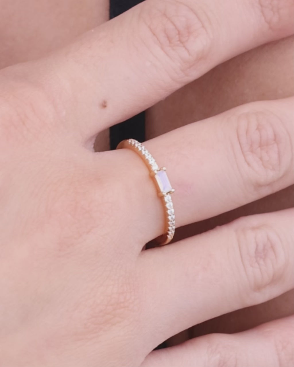 Sterling Silver Thin Moonstone CZ Stacking Birthstone Ring