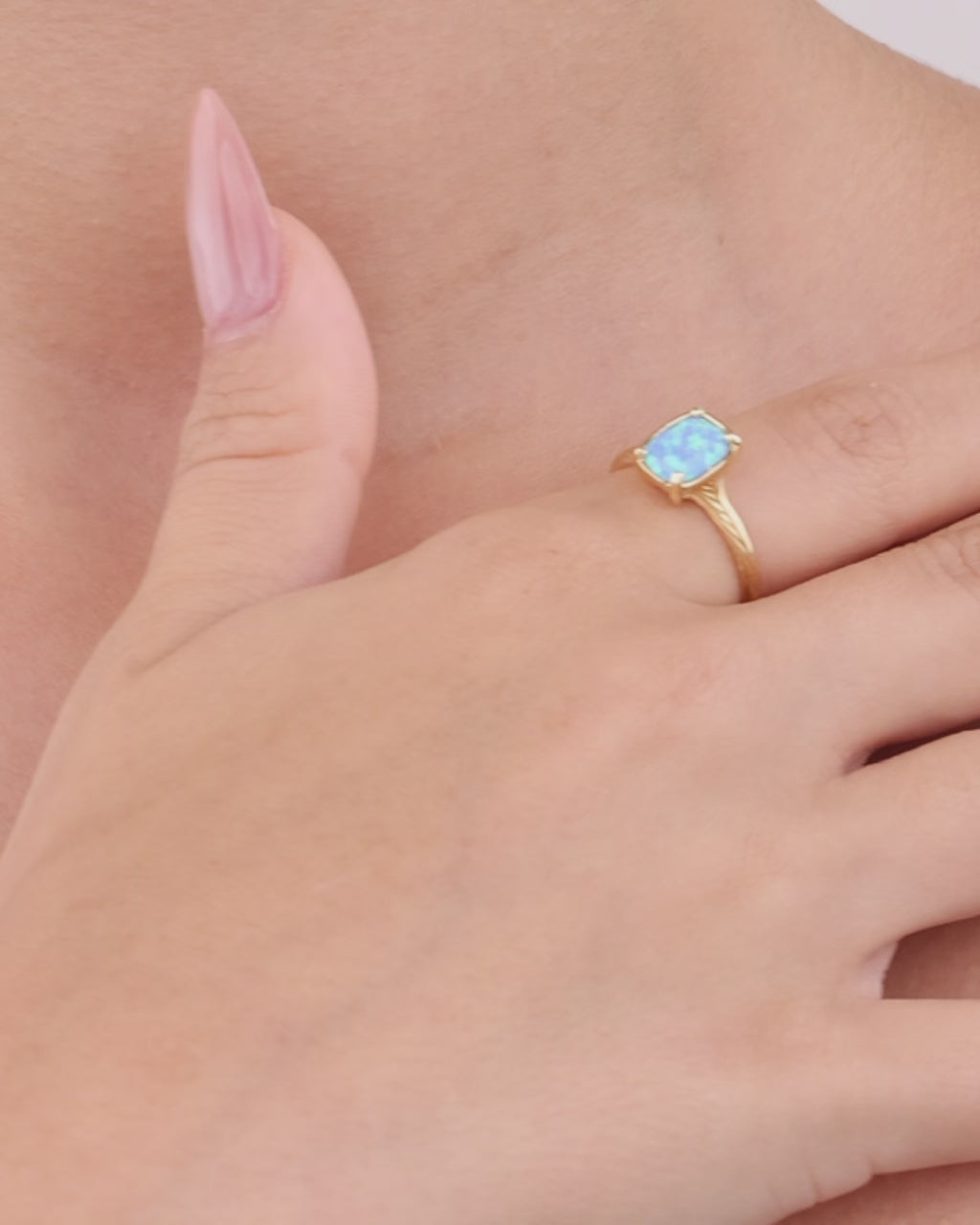 Sterling Silver Mini Ocean Blue Opal Elongated Cushion Ring