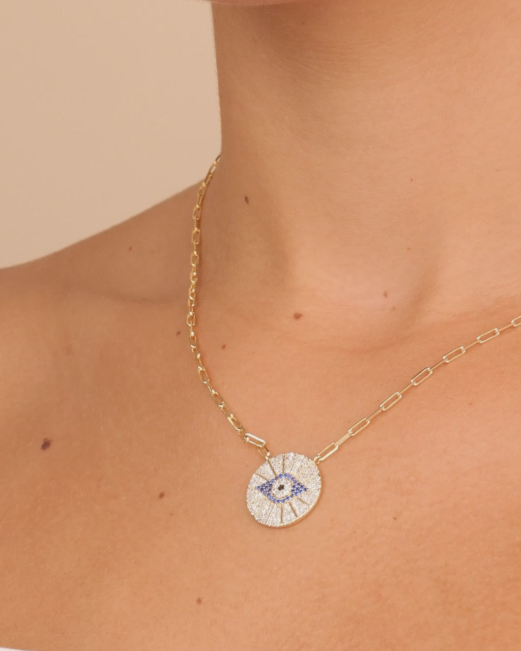 CZ Evil Eye Disk Pendant Necklace