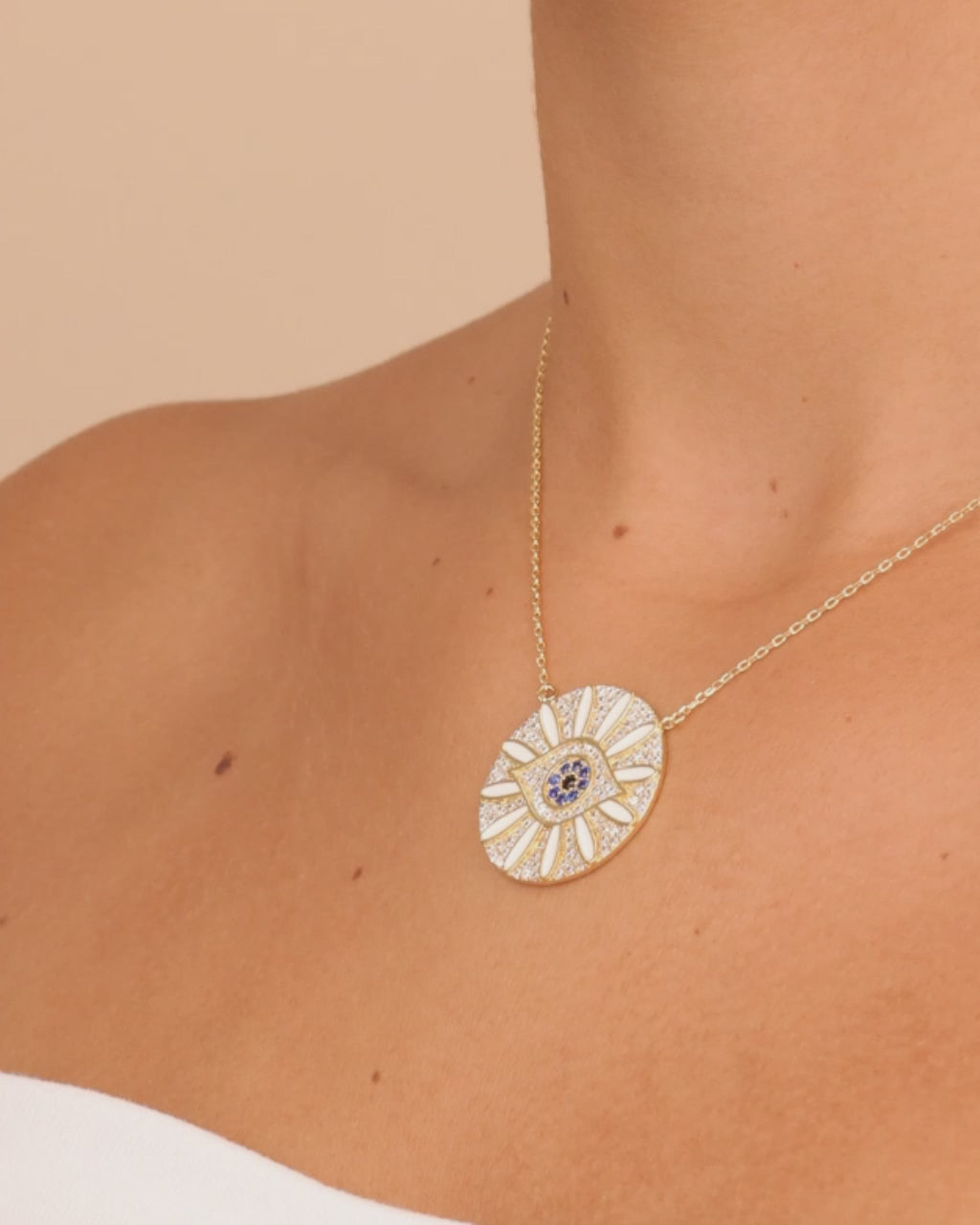 CZ Evil Eye & Enamel Petal Pendant Necklace