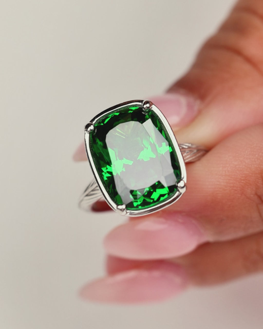 Sterling Silver Elongated Cushion Emerald CZ Cocktail Ring