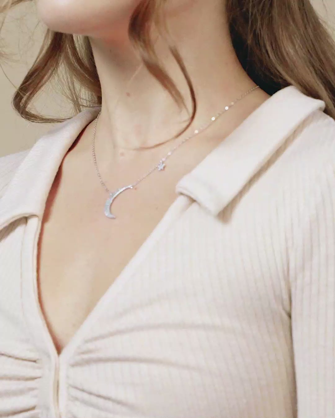 Girl Wearing Silver CZ Crescent & Star Charm Necklace