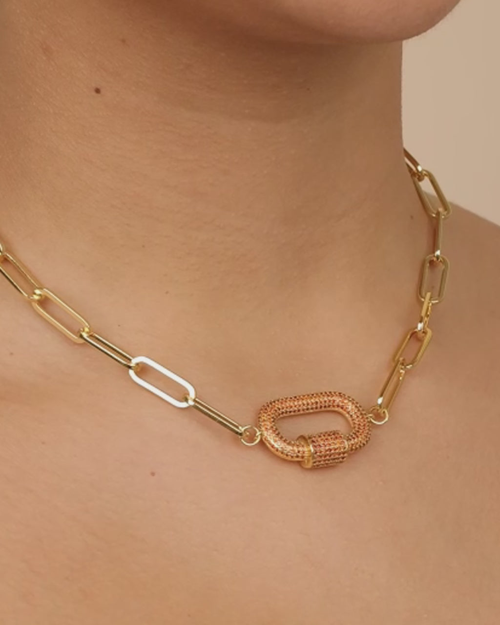 Pave CZ Carabiner Linked Lock Necklace