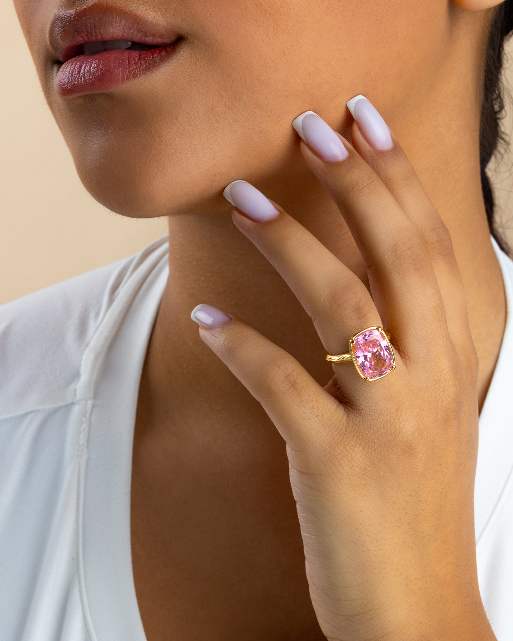 Sterling Silver Elongated Cushion Pink Sapphire CZ Cocktail Ring