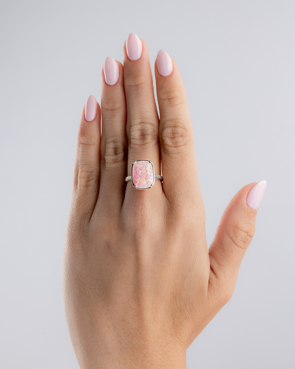 Sterling Silver Reddish Pink Opal Elongated Cushion Ring