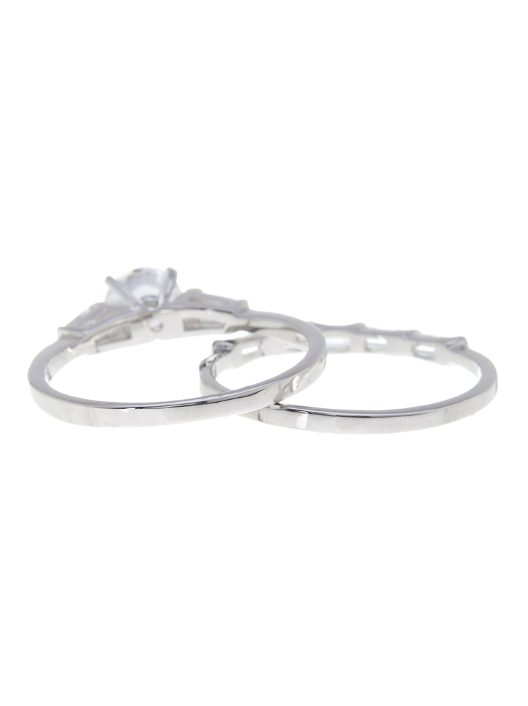 Sterling Silver Brilliant Engagement Ring w/ Baguette Sides & Band - Sterling Forever