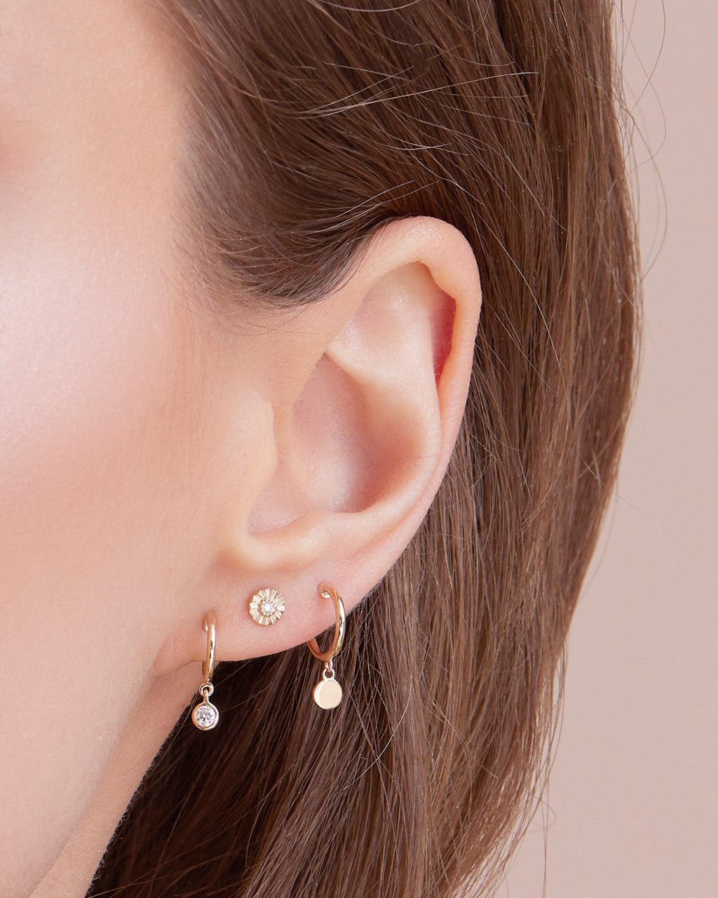 14K Gold Disk Charm Micro Hoop Earrings Fine Earring SF Fine 